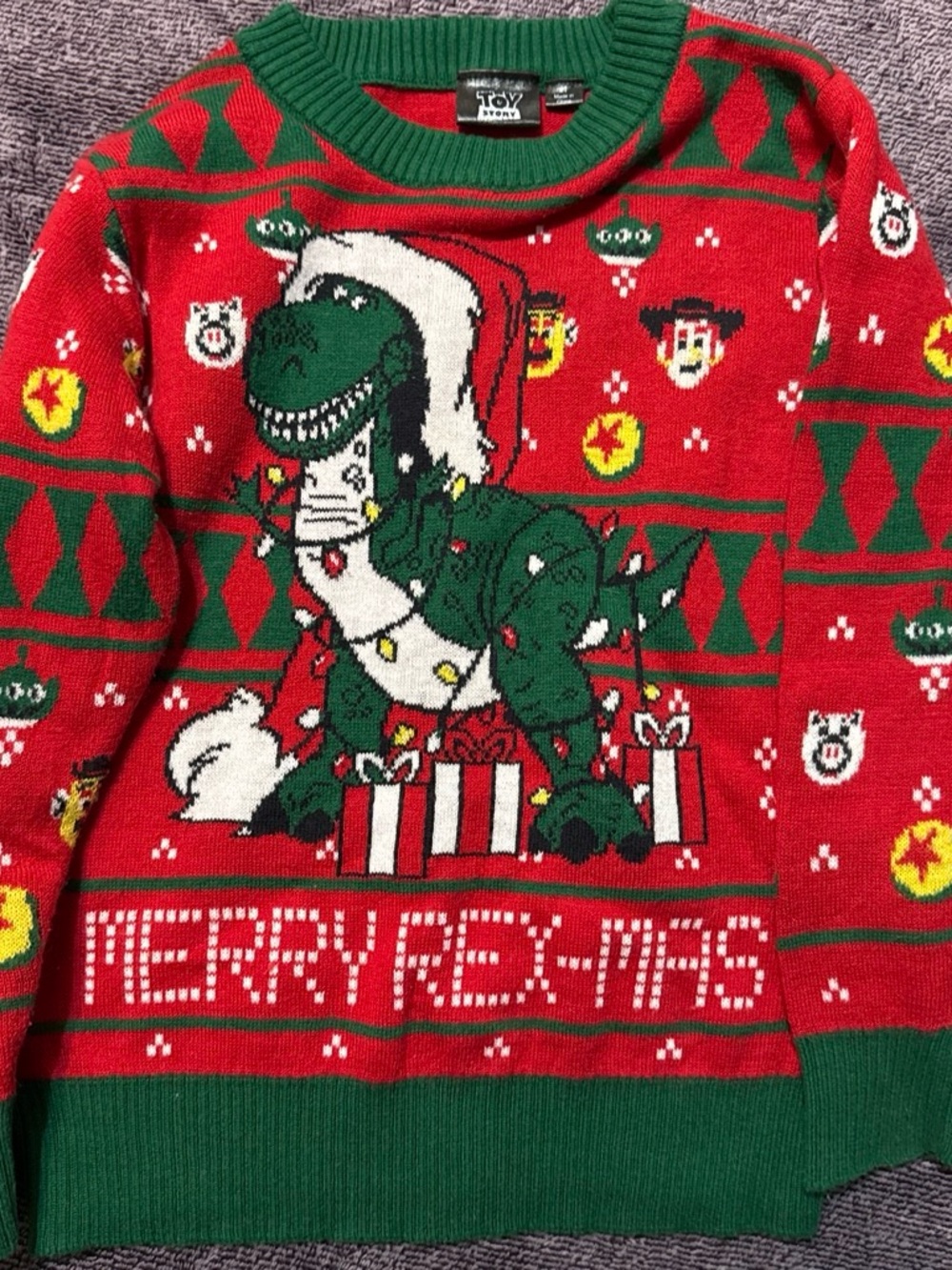 Toy Story Holiday T-Rex Merry Rex-mas Sweater in Red & Green